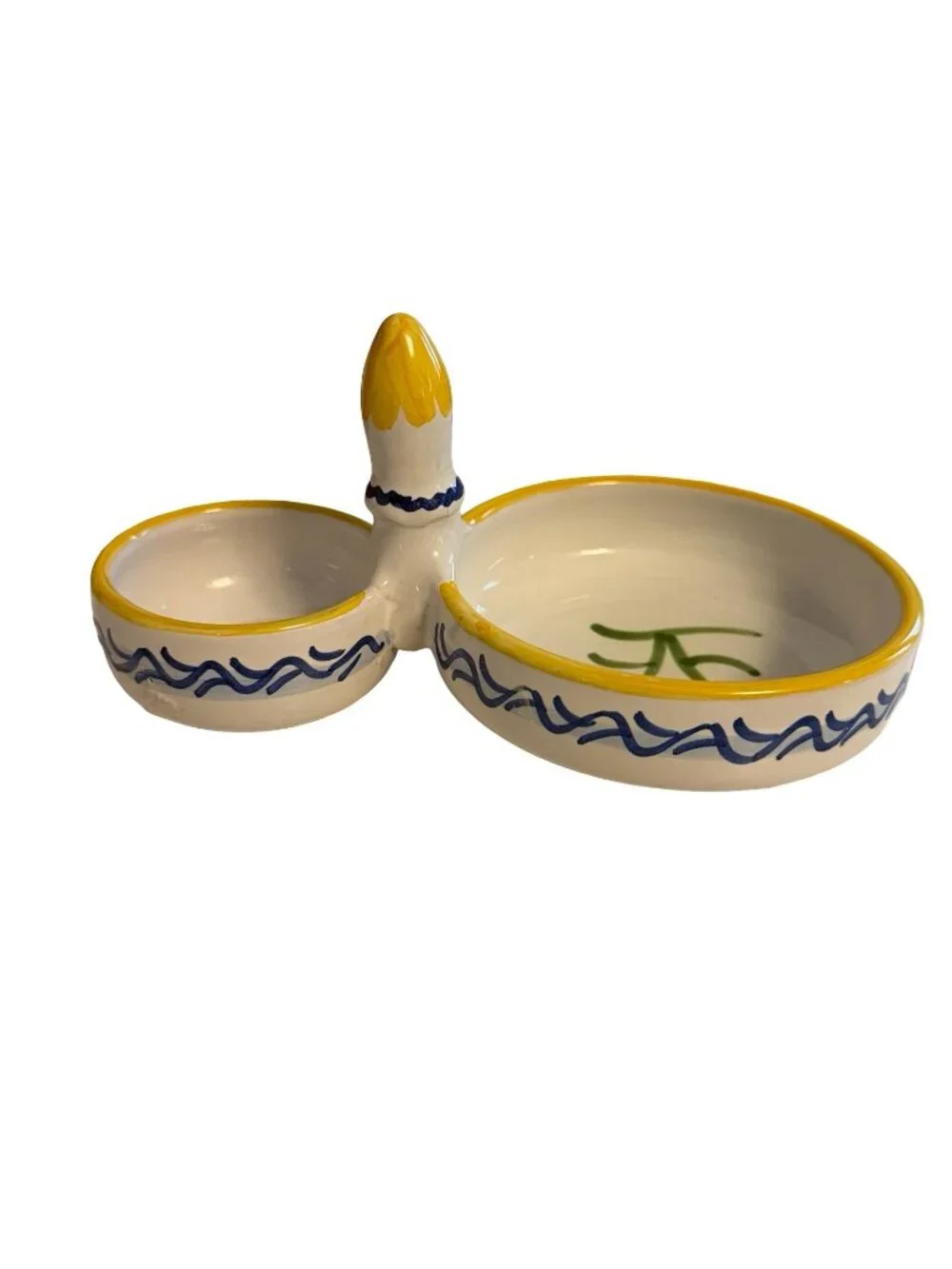 Vintage Spanish Hand Painted Ceramic Olive Serving Dish Pit Bowl Toothpick Holde